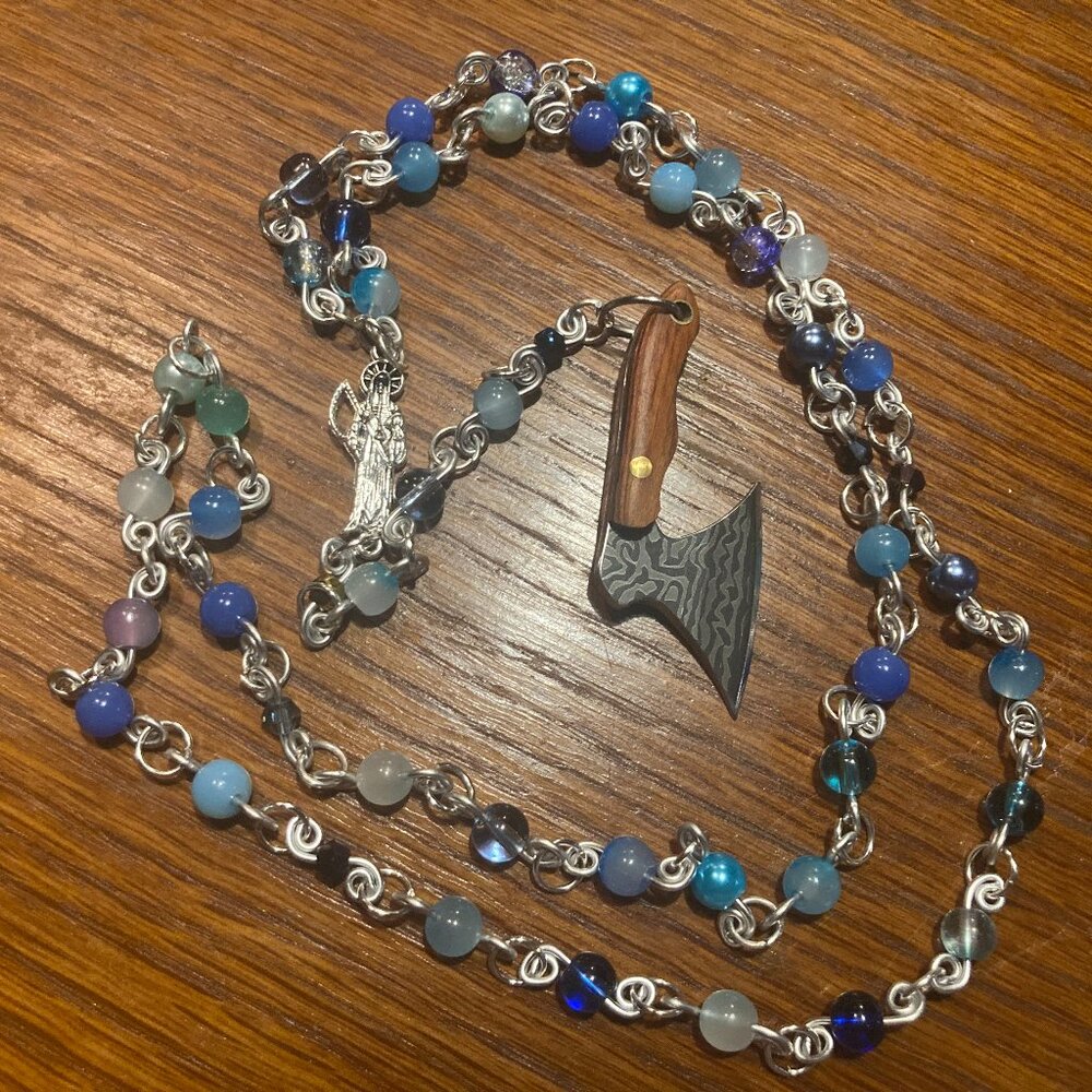 Handmade Mini Axe Rosary with Blue Glass and Pearl Beads
